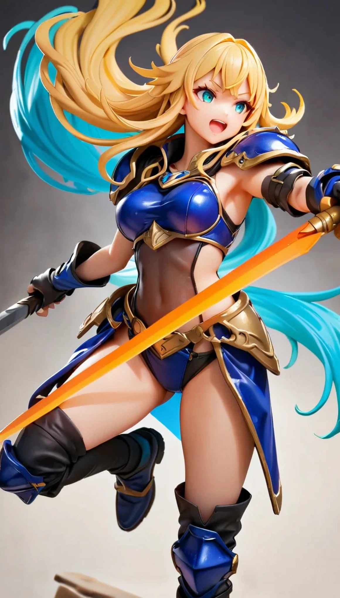 (high quality, 8k, 4K, High Contrast, masterpiece:1.2, 最high quality, Best aesthetics), Very detailed, PVC, Female Figures, woman wielding a large sword, Decorative armor, Flowing Hair, intense expression, intense battle scene, Bright colors, Powerful strokes, High Contrast, Heroic figures, Detailed armor and weapons, Dynamic pose, boost mood, Cute face, Beautiful Face, Long eyelashes, Very detailedな目, Very detailedな顔, glossy lips, Open your mouth, smile, Full body view, PCV figure shooting_Plain background.