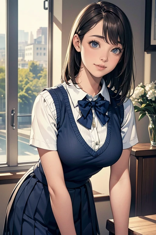 (masterpiece:1.2, highest quality), (Realistic, photoRealistic:1.4), Beautiful illustrations, (Natural Side Lighting, Cinema Lighting), Written boundary depth, 
Looking at the audience, (Face Focus, Upper Body), Front view, 1 girl, English, high school girl, , Perfect Face, Symmetrical cute face, Shiny skin, 
(bob hair:1.7,blonde), Asymmetrical bangs, Big eyes, Droopy eyes, long eyelashes chest), thin, 
Beautiful Hair, Beautiful Face, Beautiful and beautiful eyes, Beautiful clavicle, Beautiful body, Beautiful breasts, Beautiful thighs, Beautiful legs, Beautiful fingers, 
((High-quality fabric, brown knit vest, Short sleeve white collar shirt, navy pleated skirt, Navy bow tie)), 
(Beautiful views), evening, (Inside the flower shop), Are standing, (smile, Superior, Open your mouth),  (((Skirt flip, I can see your pants)))，bra lift