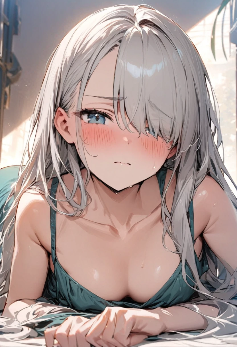 ((highest quality)), ((masterpiece)), (detailed), Perfect Face,Perfect Anatomy,Long Hair,Hair on one eye,Half Up,,,Silver Hair,,First-person view,She looks at me with a sad blush.,Viewpoint of lying down together,The chest is loose and the cleavage is visible.