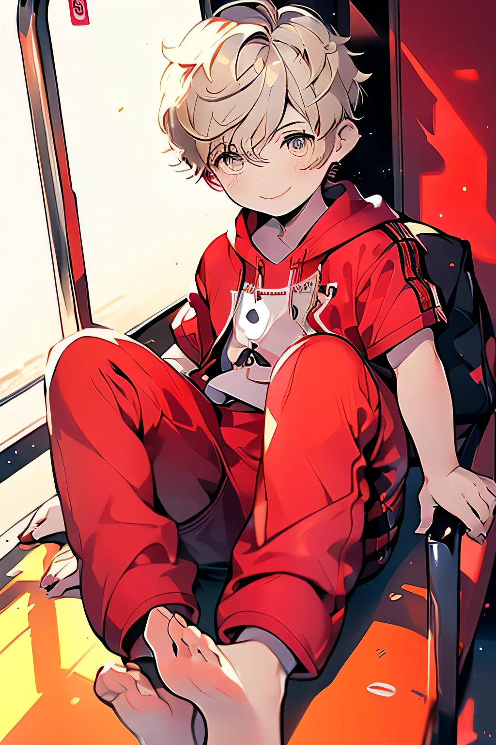 Masterpiece, chubby boy with golden hair and shiny bright red eyes and barefoot wearing underwear sitting in a train, young, boy, , small, toddle soft light, (sweatpants:1.4), (Boy:1.4), (Shota:1.4), (Young:1.4), (Male:1.4), (smiling:1.4), (foot:1.4), (shy:1.4),