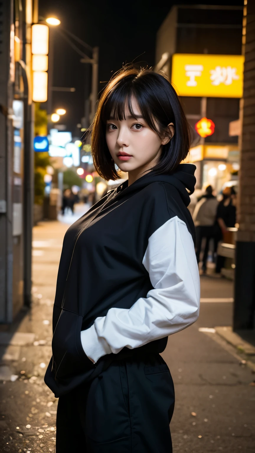 18-year-old,Korean women,Downtown trash dump,(((Facing forward))),(((Frowning,カメラをGlaring))),(Very fine eye), (((Wearing a black hoodie,Wearing baggy pants))),((photograph)),((Woman in downtown)),(((Fabric Shading))), (((highest quality))), (((masterpiece))) strong girl, ((((Realistic)))), I have a card,Black Hair, chic hairstyle, ((With bangs,Straight medium bob cut, nice hair)), Light makeup,Red eyes, (((I&#39;m not wearing lipstick))), (nice, strong), Strong night atmosphere,  Centered Images, Focus on the camera, Elegant colors,Realistic Skin,Realistic texture,８k,whole body,Pale skin, (((Dirty garbage dump))),A huge amount of trash,Red iris,Expressionless,Glaring,Perfect Face,(((Big eyes))),She is wearing wide black pants,Mouth closed, portrait of aespaのウィンター,She is wearing black streetwear, Woman in black streetwear, 黒いハイテクな服を着た女性のphotograph, Girl wearing black hoodie, Cyberpunk Streetwear, Cyberpunk Streetwear street fashion e-girl,