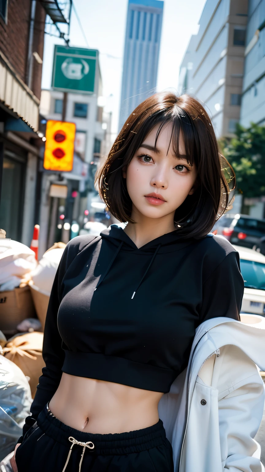 18-year-old,Korean women,Downtown trash dump,(((Facing forward))),(((Frowning,カメラをGlaring))),(Very fine eye), (((Wearing a black hoodie,Wearing baggy pants))),((photograph)),((Woman in downtown)),(((Fabric Shading))), (((highest quality))), (((masterpiece))) strong girl, ((((Realistic)))), I have a card,Black Hair, chic hairstyle, ((With bangs,Straight medium bob cut, nice hair)), Light makeup,Red eyes, (((I'm not wearing lipstick))), (nice, strong), Strong night atmosphere, Centered Images, Focus on the camera, Elegant colors,Realistic Skin,Realistic texture,8k,whole body,Pale skin, (((Dirty garbage dump))),A huge amount of trash,Red iris,Expressionless,Glaring,Perfect Face,(((Big eyes))),She is wearing wide black pants,Mouth closed, portrait of aespaのウィンター,She is wearing black streetwear, Woman in black streetwear, 黒いハイテクな服を着た女性のphotograph, Girl wearing black hoodie, Cyberpunk Streetwear, Cyberpunk Streetwear street fashion e-girl,