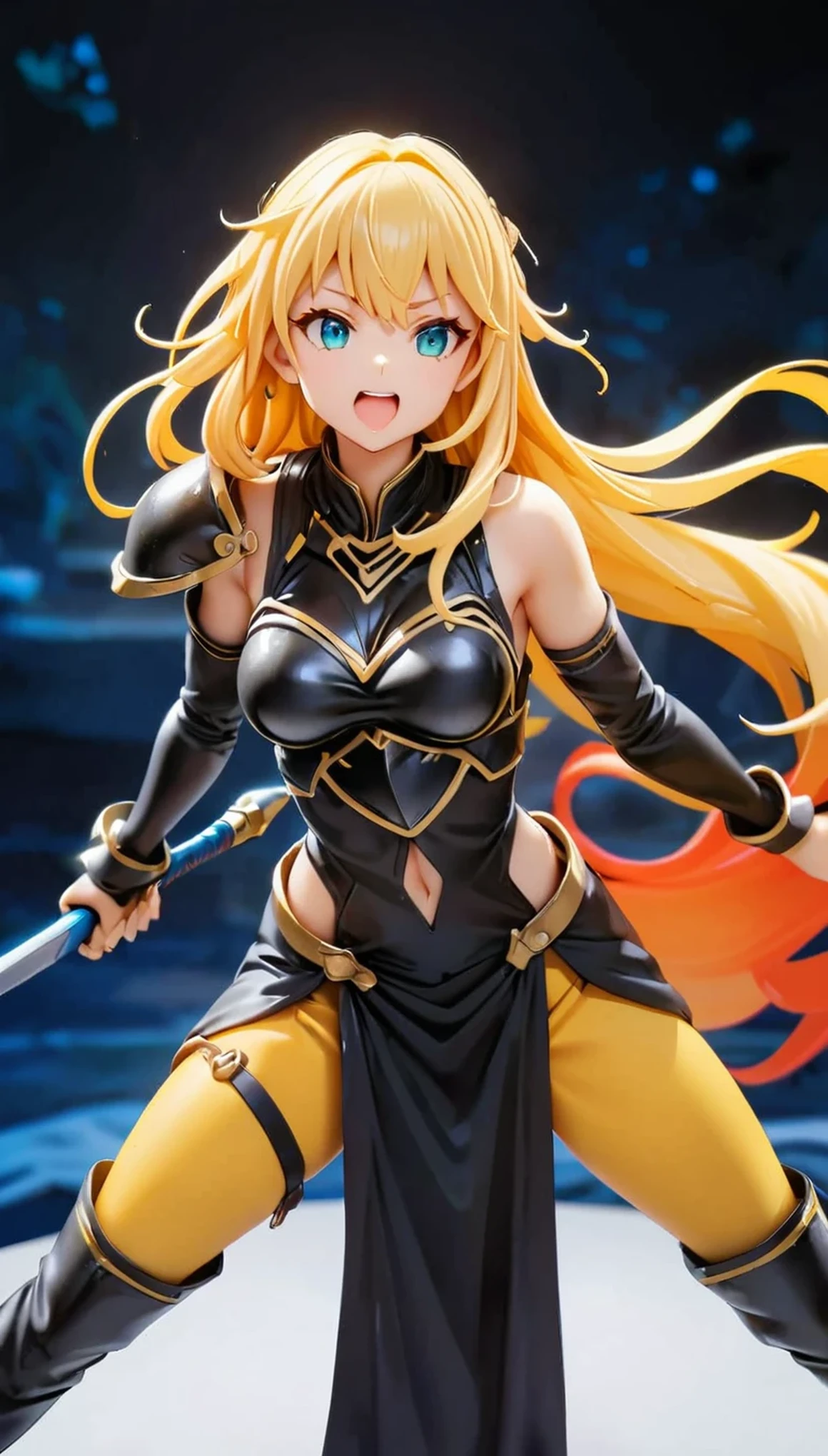 (high quality, 8k, 4K, High Contrast, masterpiece:1.2, 最high quality, Best aesthetics), Very detailed, PVC, Female Figures, woman wielding a large sword, Decorative armor, Flowing Hair, intense expression, intense battle scene, Bright colors, Powerful strokes, High Contrast, Heroic figures, Detailed armor and weapons, Dynamic pose, boost mood, Cute face, Beautiful Face, Long eyelashes, Very detailedな目, Very detailedな顔, glossy lips, Open your mouth, smile, Full body view, PCV figure shooting_Plain background.