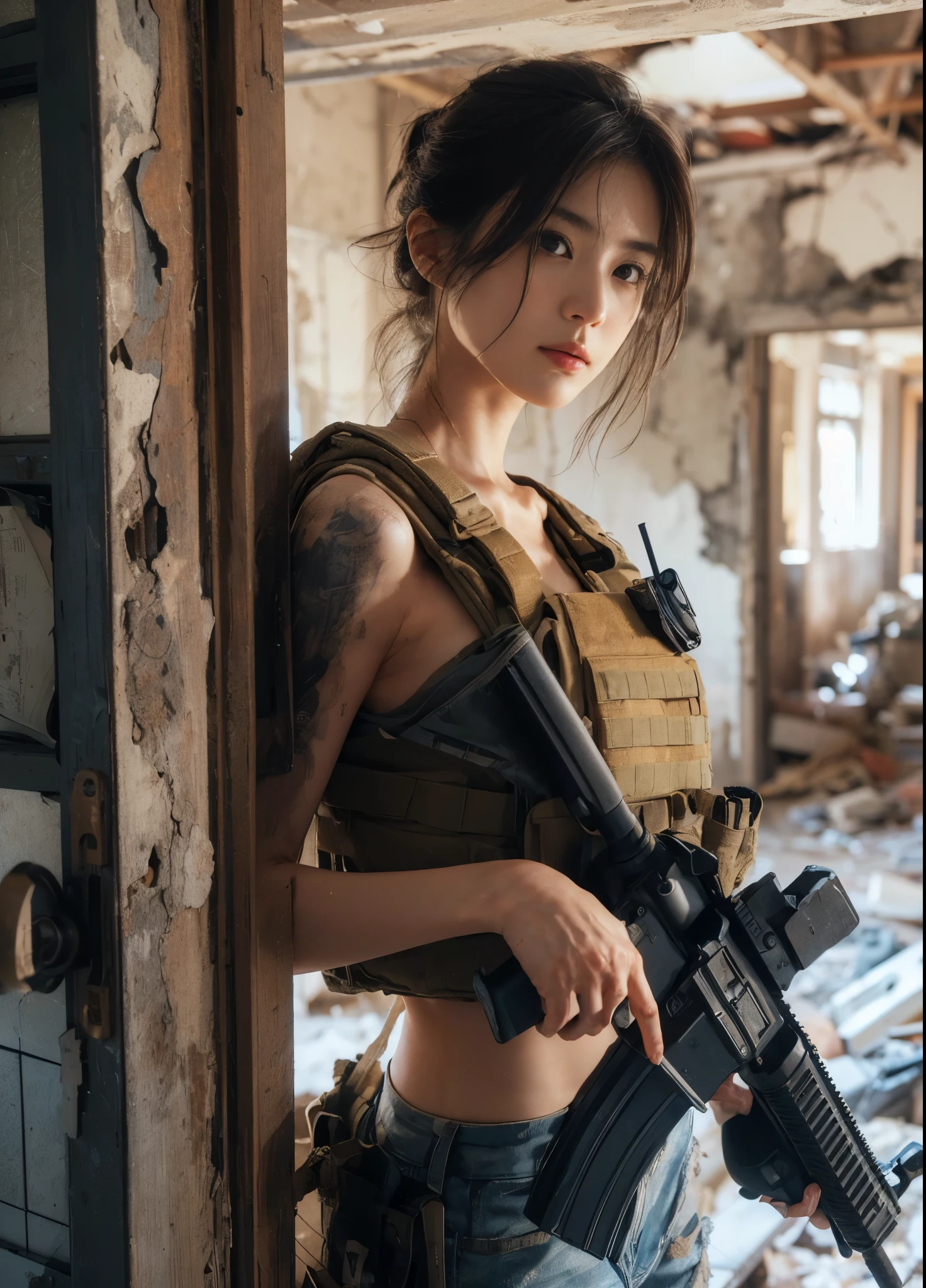 (best quality,8k,realistic photo:1.2),ultra-detailed,(realistic,photorealistic:1.37) skin texture,beautiful Japanese woman belonging to the American military,entering a room carefully by opening a door amidst scattered debris,automatic rifle,body armor,backpack,wounded, intense expression, dynamic pose, innovative composition, portraits,dramatic lighting,colorful palette,splashes of dust and smoke