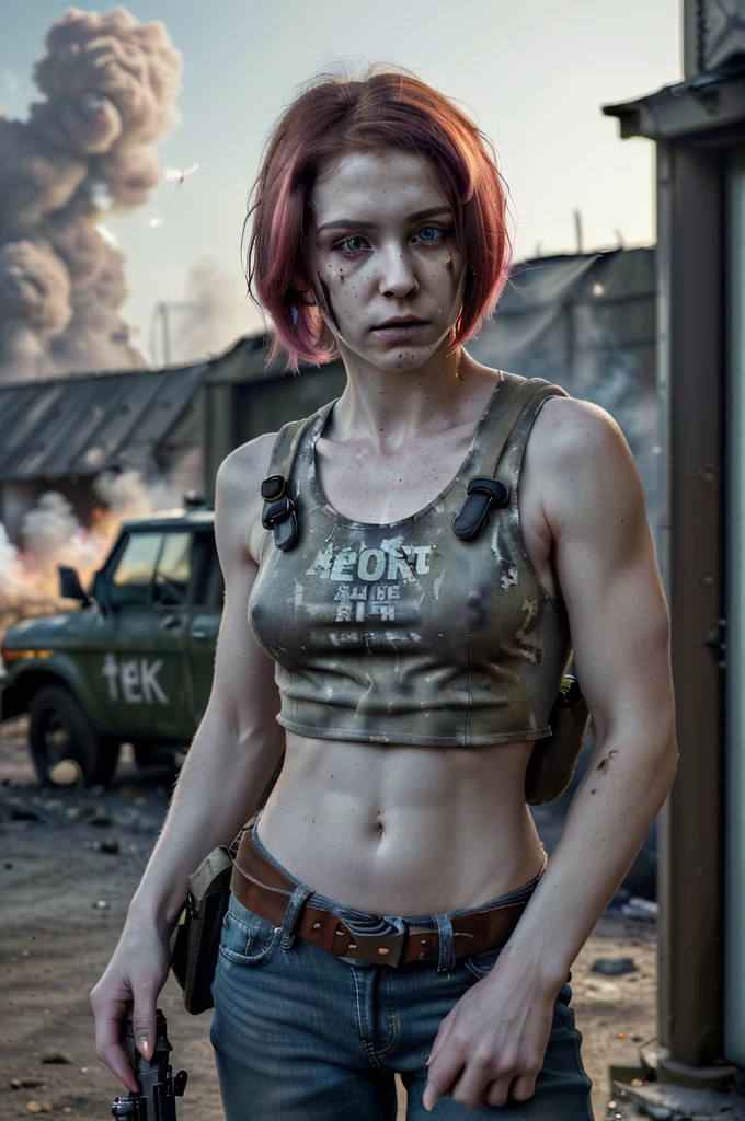 ((Best quality, 8k, Masterpiece: 1.3)), ((5120x1440)), Sharp focus: 1.2, Full body, perfect, pale skin, muscular, 30 year woman, Human Anatomy, Small nose, ripped jeans with army vest, Pink hair with orange/blue highlights, blue eyes, short hair, tank top, average build, Zombie apocalypse, smokey atomsphere, background of city burning, Gun Belt Armed with a Assault rifle (M4), (special attention to skin detail:1.2), detailed leather texture, skin pores, spooky atmosphere, (pale skin), Adult, Photorealism, Taken with, Canon EOS 4000D DSLR Hyperrealistic, ((portrait, close to camera)) Hyperrealistic, splash art, concept art, mid shot, intricately detailed, color depth, dramatic, 2/3 face angle, side light, colorful background, looking at viewer, smoke in sky, Burning, depth of field, bandolier, ammo, canteen, ammo pouch, knife, holster, blood and scratches on arms,