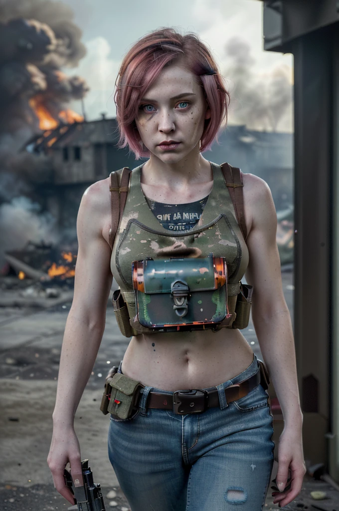 ((Best quality, 8k, Masterpiece: 1.3)), ((5120x1440)), Sharp focus: 1.2, Full body, perfect, pale skin, muscular, 30 year woman, Human Anatomy, Small nose, ripped jeans with army vest, Pink hair with orange/blue highlights, blue eyes, short hair, tank top, average build, Zombie apocalypse, smokey atomsphere, background of city burning, Gun Belt Armed with a Assault rifle (M4), (special attention to skin detail:1.2), detailed leather texture, skin pores, spooky atmosphere, (pale skin), Adult, Photorealism, Taken with, Canon EOS 4000D DSLR Hyperrealistic, ((portrait, close to camera)) Hyperrealistic, splash art, concept art, mid shot, intricately detailed, color depth, dramatic, 2/3 face angle, side light, colorful background, looking at viewer, smoke in sky, Burning, depth of field, bandolier, ammo, canteen, ammo pouch, knife, holster, blood and scratches on arms,