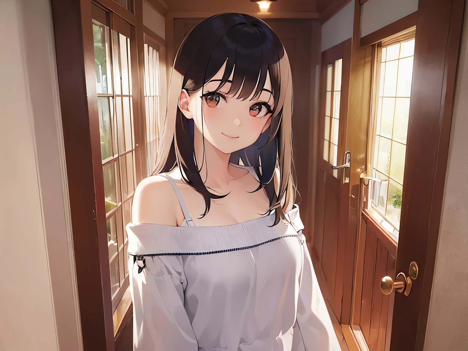 Biologically correct five fingers、(opening door:1.3)、POV, looking up, Upper Body, Realistic, real person, (pale skin: 1.2), RAW photo, photorealistic, portrait photography, shiny skin, shiny hair、(25 year old woman with medium hair with bangs) and (wavy hair) and (brown hair) and (orange eyes) ,(White off-shoulder blouse) and (long sleeve), (smile:1.5), mudroom、Alone、Are standing