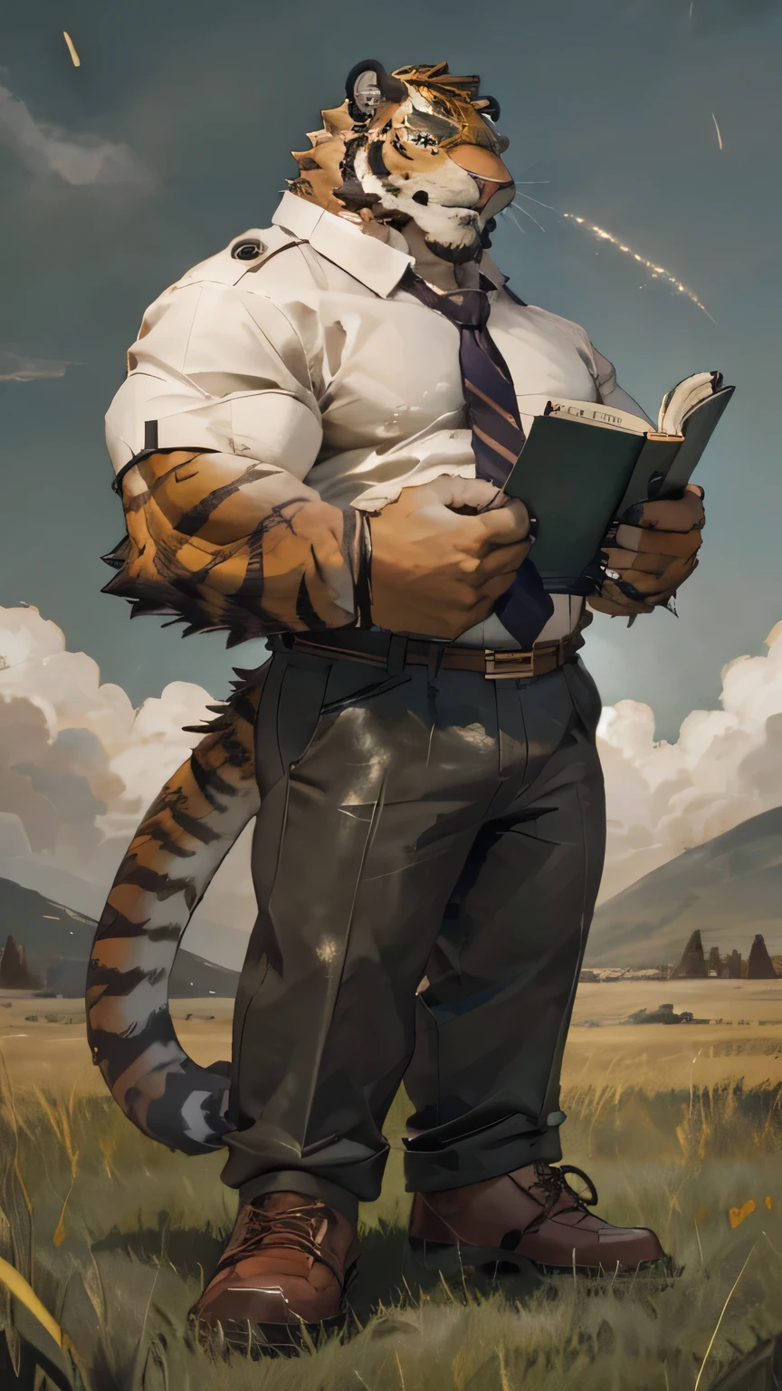 Tiger Man，Mature，male，tall，fluffy gray fur，Very strong body with fat muscles，Wearing a white shirt，The shirt is tucked into the pants，tie，Standing，Thick Legs，wearing glasses，Cozy，leather shoes，Holding a book，Wide grassland，light rain，