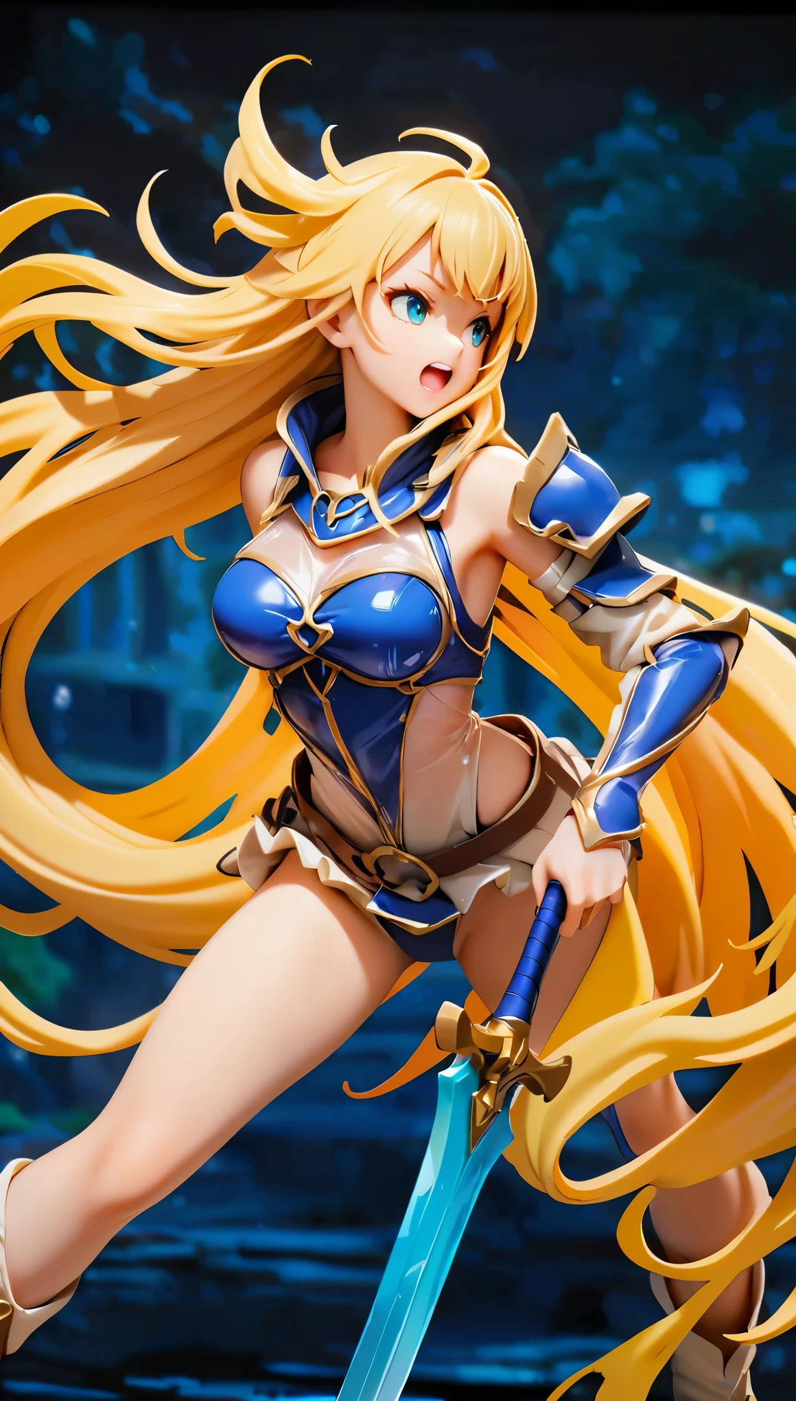 (high quality, 8k, 4K, High Contrast, masterpiece:1.2, 最high quality, Best aesthetics), Very detailed, PVC, Female Figures, woman wielding a large sword, Decorative armor, Flowing Hair, intense expression, intense battle scene, Bright colors, Powerful strokes, High Contrast, Heroic figures, Detailed armor and weapons, Dynamic pose, boost mood, Cute face, Beautiful Face, Long eyelashes, Very detailedな目, Very detailedな顔, glossy lips, Open your mouth, smile, Full body view, PCV figure shooting_Plain background.