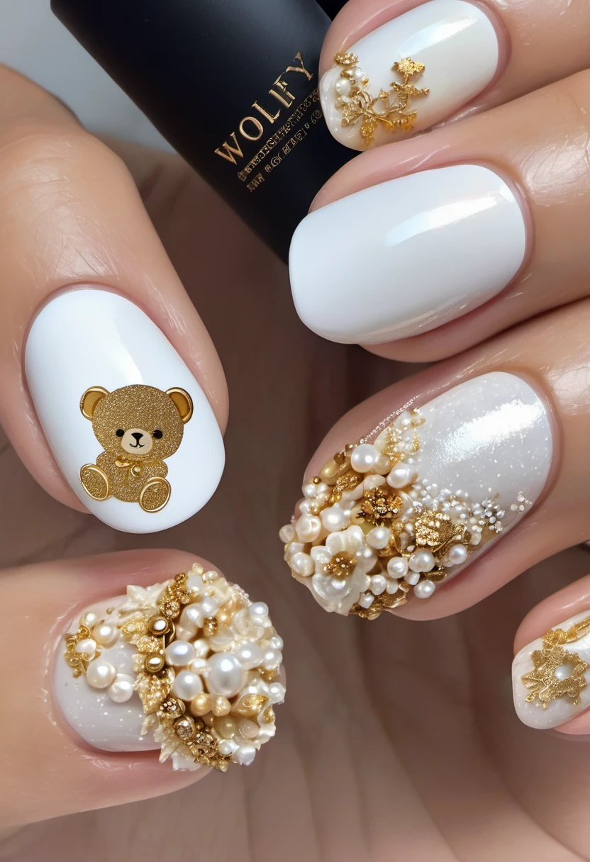 someone is holding a white and gold manicure with a teddy bear on it, Gold and white, white and gold, nail, nail art, silver white and gold, White with gold accents, painted nail, acrylic, golden details!, neat nail, Gold and pearls, Sophisticated and showy, Gradient White to Gold, golden details, wolfy nail, fantasy theme