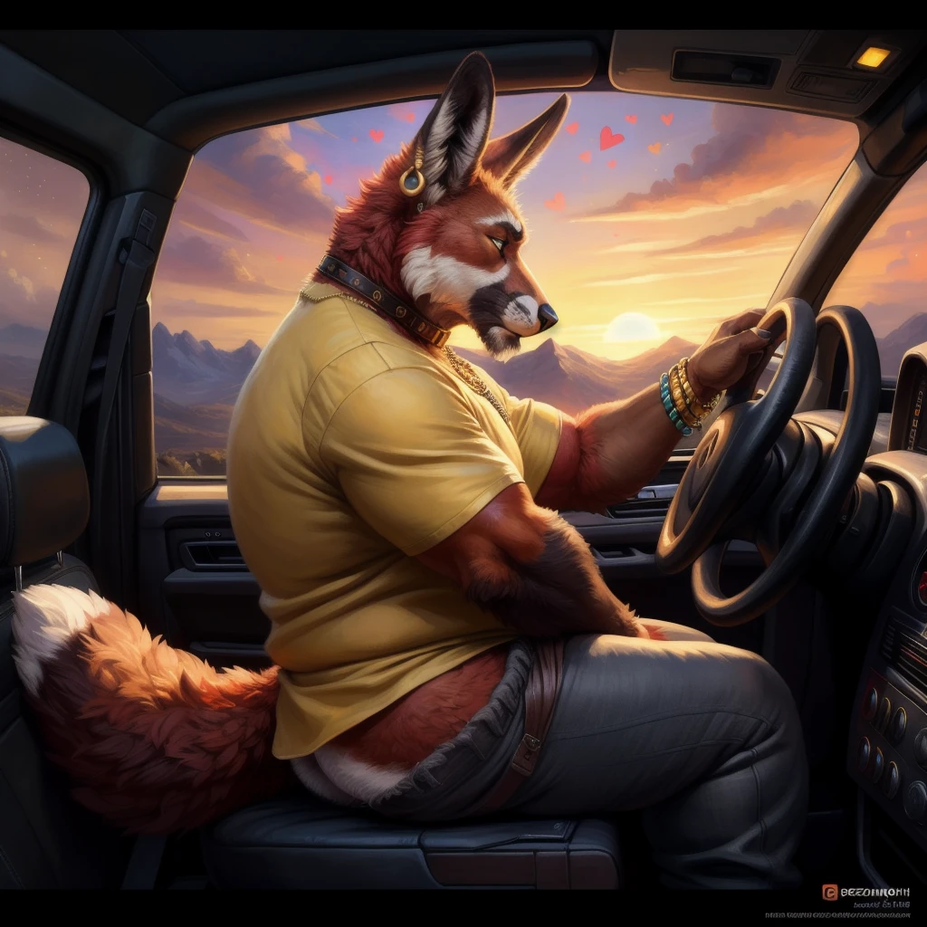 (male:1.5), (((yellow topwear))), uniform, (humble smile), looking at viewer, (absurd res), ((ultra high resolution)), (((masterpiece quality))), ((side view)), ((breathtaking painstakingly detailed background)), ((impressive lighting)), ((sunset clouds)), ((floating hearts)), ((sparkles)), confetti, sunlight, ⫷|⫸ foxovh, sligarthetiger, cumbread, gammainks, seibear, lollipopcon, dizzyknight, greasymojo, xpray, roly, honovy, taran fiddler, kenket, riendonut, Bayard Wu, Thomas Benjamin Kennington, Duase, ⫷|⫸, jewelry, necklace, bracelet, earring, body accessory, ear accessory, arm accessory, neck accessory, (feet accessory), ⫷|⫸ (fuzzy furry body:1.6), (tall body), ((fur pattern)), ((exotic mammal)), (short tail), slightly chubby anthro, (stunningly beautiful legs), (detailed face), (mature anthro:1.6), ((long ears)), 🟥🦊, (kangaroo), doe, (fox), ((solo)), (yellow collar working shirt), (yellow & red shirt) big butt, beautiful eyes, dutch angle, ⫷|⫸ sitting, (passenger seat), (inside car), (((doordash promotional art))), looks like a doe, (((pants down))), ((buttcrack)), stubby tail, crimson fur, ((waiting)), anus