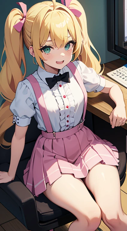 Young Girl, a blond、Pony tail、Ahoge、Green Eyes、, The form of the royal clown, ssmile, Clown makeup, masutepiece, hiquality, 1 girl, cute, bratty, blonde hair, twintails, long hair, cute, bratty, teasing look, dim lighting, sitting in desk chair, pink room, cute room, white chair, lolita,pink suspenders skirt, smiling, sassy, small