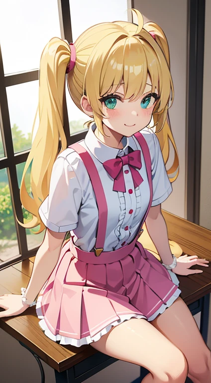 Young Girl, a blond、Pony tail、Ahoge、Green Eyes、, The form of the royal clown, ssmile, Clown makeup, masutepiece, hiquality, 1 girl, cute, bratty, blonde hair, twintails, long hair, cute, bratty, teasing look, dim lighting, sitting in desk chair, pink room, cute room, white chair, lolita,pink suspenders skirt, smiling, sassy, small