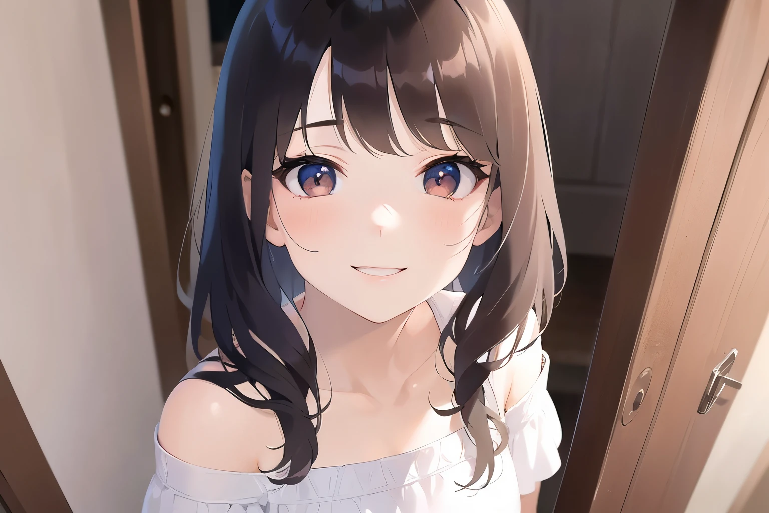 raising hand, Biologically correct five fingers、(opening door:1.3)、POV, looking up, Upper Body, Realistic, real person, (pale skin: 1.2), RAW photo, photorealistic, portrait photography, shiny skin, shiny hair、(25 year old woman with medium hair with bangs) and (wavy hair) and (brown hair) and (orange eyes) ,(White off-shoulder blouse) and (long sleeve), (smile:1.5), mudroom、Alone、Are standing