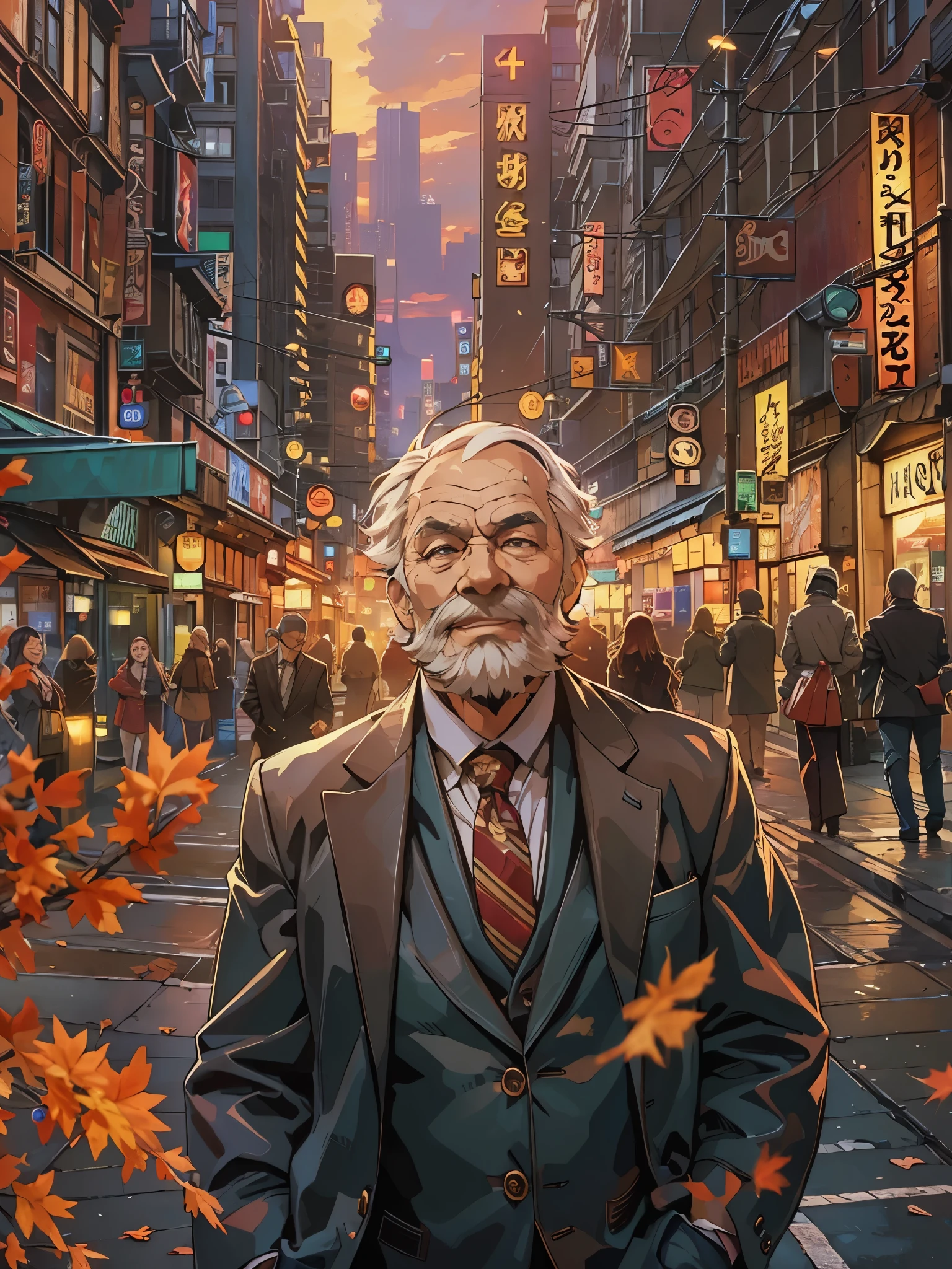 (best quality,4k,8k,highres,masterpiece:1.2),ultra-detailed,(realistic,photorealistic,photo-realistic:1.37),portrait, muscular old man, cityscape background, happy expression, autumn colors, stylish suits and ties, vector art style, mwvector, vibrant colors, warm lighting, flowing hair, elderly wrinkles, fine facial features, confident posture, bustling urban atmosphere, vibrant city lights, sharp focus, professional digital painting.