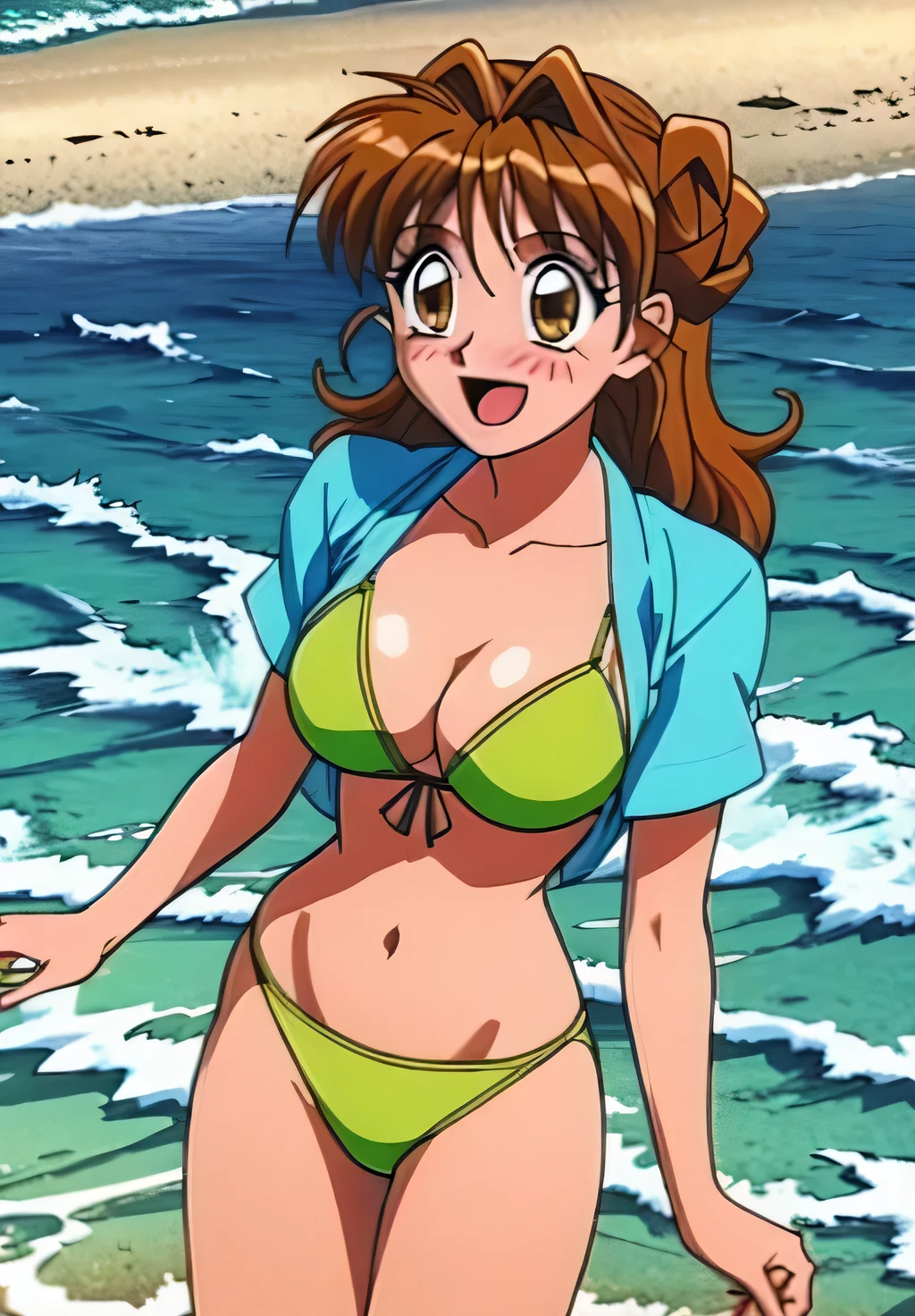 Ocean,bikini,Swimwear, pupil_Brown,blush, Open_mouth,Embarrassing,Maron Surrounded by men,Maron,smile,Swimwear,bikini,masterpiece, expensive quality, very_expensive_solve, big_file size, Full Color,