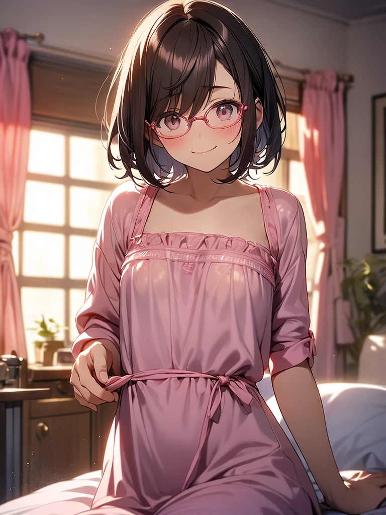 fullnude、teens girl、Open legs、Angle from below、Hair tied at the side、Lying on your back in bed、red blush、provocative smiling、Wet and sheer light blue camisole with shoulder strap removed、wears glasses、A dark-haired