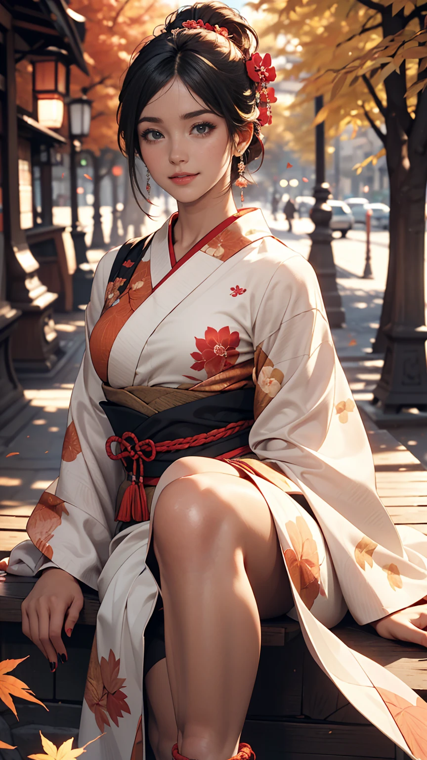 ((最high quality, 8K, masterpiece: 1.3, Ultra HD, high quality, 最high quality, High resolution, realism)) 、A stunningly beautiful 22-year-old Japanese woman、Hair color is indigo、black eye、Medium Hair、Straight Hair、smile、Slender but well-proportioned body、Background blur((depth of field))、Aerial perspective((atmospheric perspective))、I want my head to stay off screen、Put an anklet on your ankle、Wearing red nail polish、I have a peticure、Make a chignon、kimono、autumn leaves
