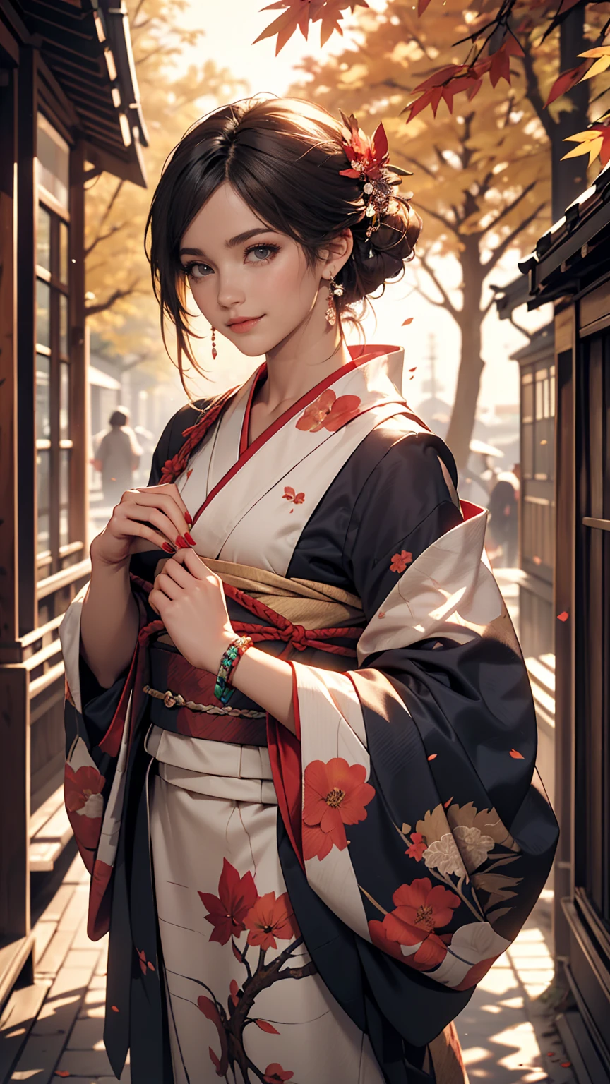 ((最high quality, 8K, masterpiece: 1.3, Ultra HD, high quality, 最high quality, High resolution, realism)) 、A stunningly beautiful 22-year-old Japanese woman、Hair color is indigo、black eye、Medium Hair、Straight Hair、smile、Slender but well-proportioned body、Background blur((depth of field))、Aerial perspective((atmospheric perspective))、I want my head to stay off screen、Put an anklet on your ankle、Wearing red nail polish、I have a peticure、Make a chignon、kimono、autumn leaves