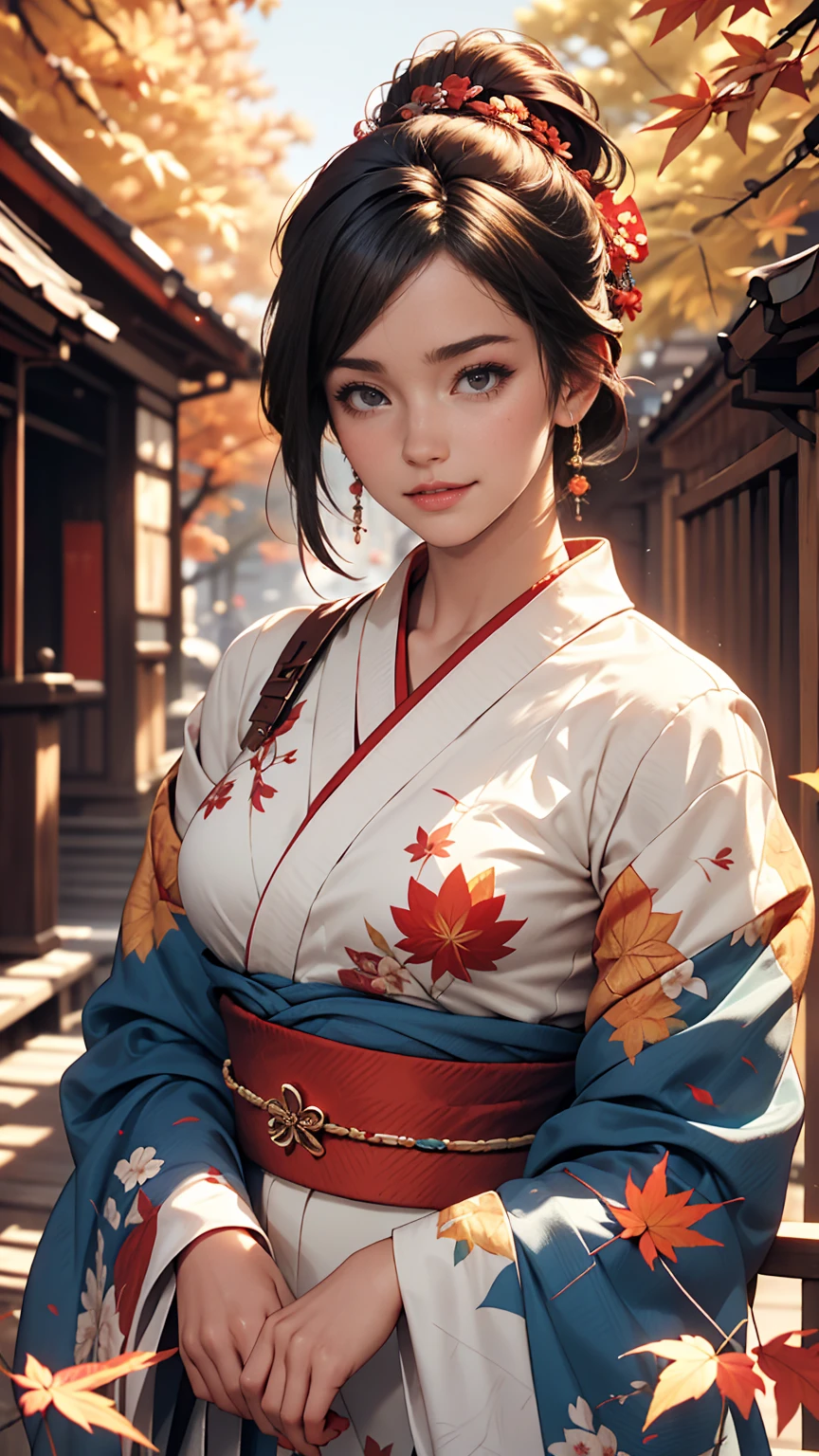 ((最high quality, 8K, masterpiece: 1.3, Ultra HD, high quality, 最high quality, High resolution, realism)) 、A stunningly beautiful 22-year-old Japanese woman、Hair color is indigo、black eye、Medium Hair、Straight Hair、smile、Slender but well-proportioned body、Background blur((depth of field))、Aerial perspective((atmospheric perspective))、I want my head to stay off screen、Put an anklet on your ankle、Wearing red nail polish、I have a peticure、Make a chignon、kimono、autumn leaves