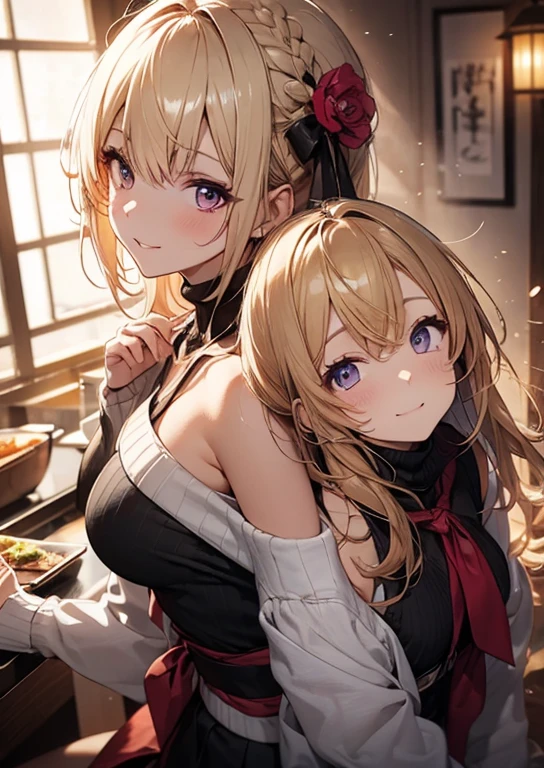 two witch girls sitting on a sofa drinking tea talking to one another and smiling, 2girls, multiple girls,red dress, smile, red eyes, sitting,red dress,tie, blonde hair,cup, looking at viewer, blonde long hair,gold eyes,shirt, skirt, window, basket,flower, blush,shirt,age 17