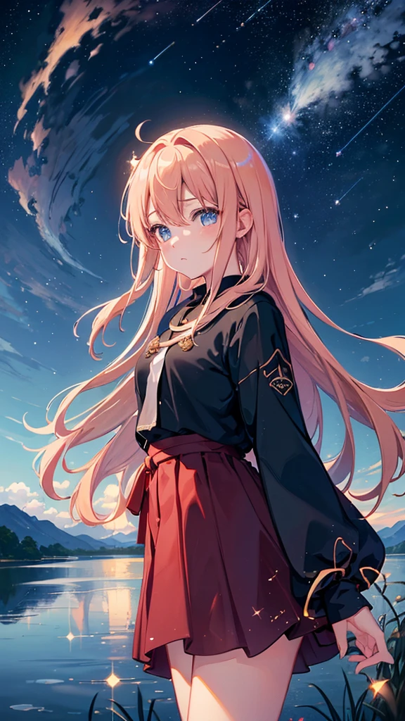 absurderes、hight resolution、(Official Art、Beautifully Aesthetic:1.2)、Close View、 1girl, shining sky, Vast world, gaze, awe-inspiring expression, Distant horizon, ​​clouds, High hills, natural beauty, inspiration, nigh sky, Shining stars,Shinkai Seikaze's painting。In a pitch-black night where only meteor showers shimmered blue and red。blonde hair、Beautiful girl with blue eyes stand on the shore of a mysterious lake where those meteor showers are reflected、From everyone who turns to me and weeps with emotion、sad face.
