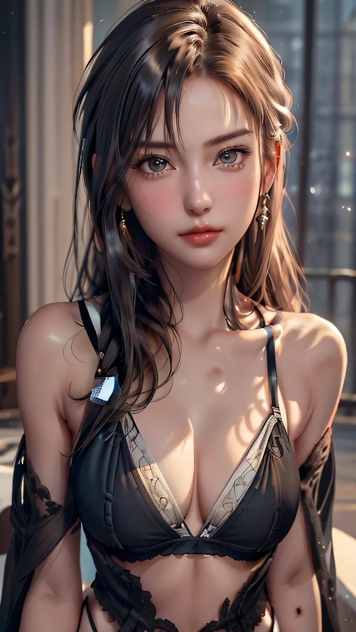 (Close-up:1.4)、(RAW shooting:1.2)、(Photorealistic:1.4)、(masterpiece:1.3)、(highest quality:1.4)、One Girl、(Slender and beautiful girl)、(21-year-old girl wearing a training bra:1.3)、(Small waist)、(Mid-chest:1.2)、Breast、Absurd、Extremely detailed、Very complicated、Detailed face、Detailed eyes、Natural light、Realistic、Very detailed、whole body、Beautiful Face、Open black shirt、sexy、Lovely、Detailed face、whole body、Beautiful Face、
