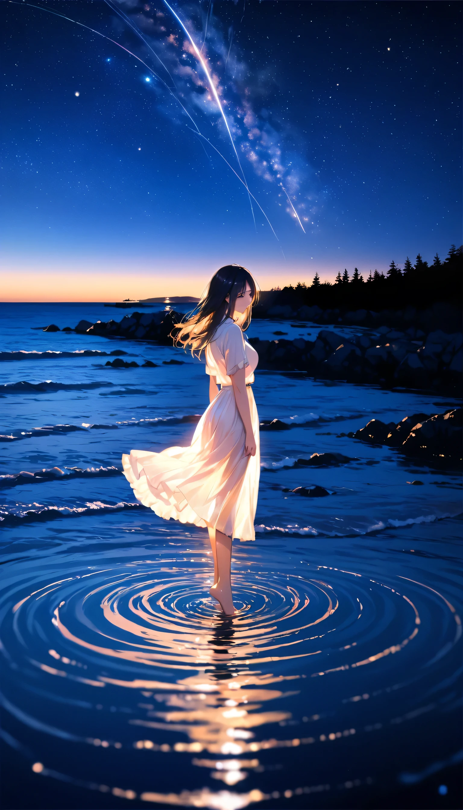 (close:1.4)、(RAW Photos:1.2)、(Realistic:1.4)、(masterpiece:1.3)、(highest quality:1.4)、Japanese Girls、(Night view:1.2)、Light clothing、pretty girl、put one foot in the sea、Standing on tiptoes、landscape、Between the horizon and the sea、Side view、Ripples spreading from the toes、Standing about 20 meters away、On the Sea、The whole scene is Shiny O&#39;s、illumination、