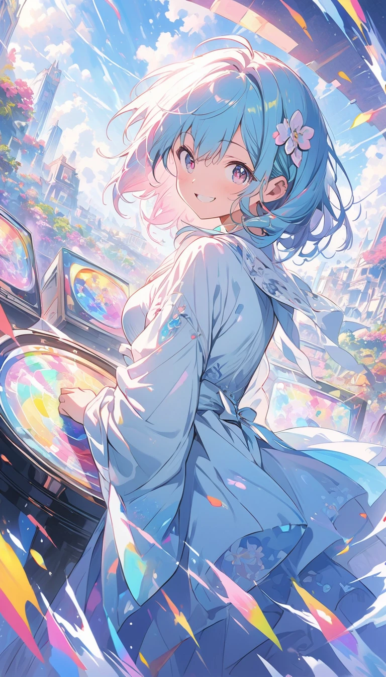 anime style, super fine illustration, highly detailed, dynamic angle, beautiful detailed, 8k, In front of numerous cathode-ray tube televisions, BREAK various programs are being broadcasted. A woman gazes at them, BREAK smiling amidst the colorful scenes.(highest quality、masterpiece、High resolution、detailed)animeスタイル、flat style、(Shining Eyes、detailed美しい顔), BREAK,anime
