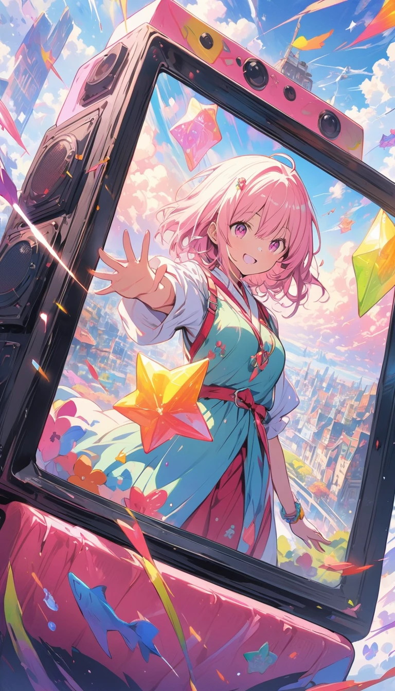 anime style, super fine illustration, highly detailed, dynamic angle, beautiful detailed, 8k, In front of numerous cathode-ray tube televisions, BREAK various programs are being broadcasted. A woman gazes at them, BREAK smiling amidst the colorful scenes.(highest quality、masterpiece、High resolution、detailed)animeスタイル、flat style、(Shining Eyes、detailed美しい顔),  BREAK,anime