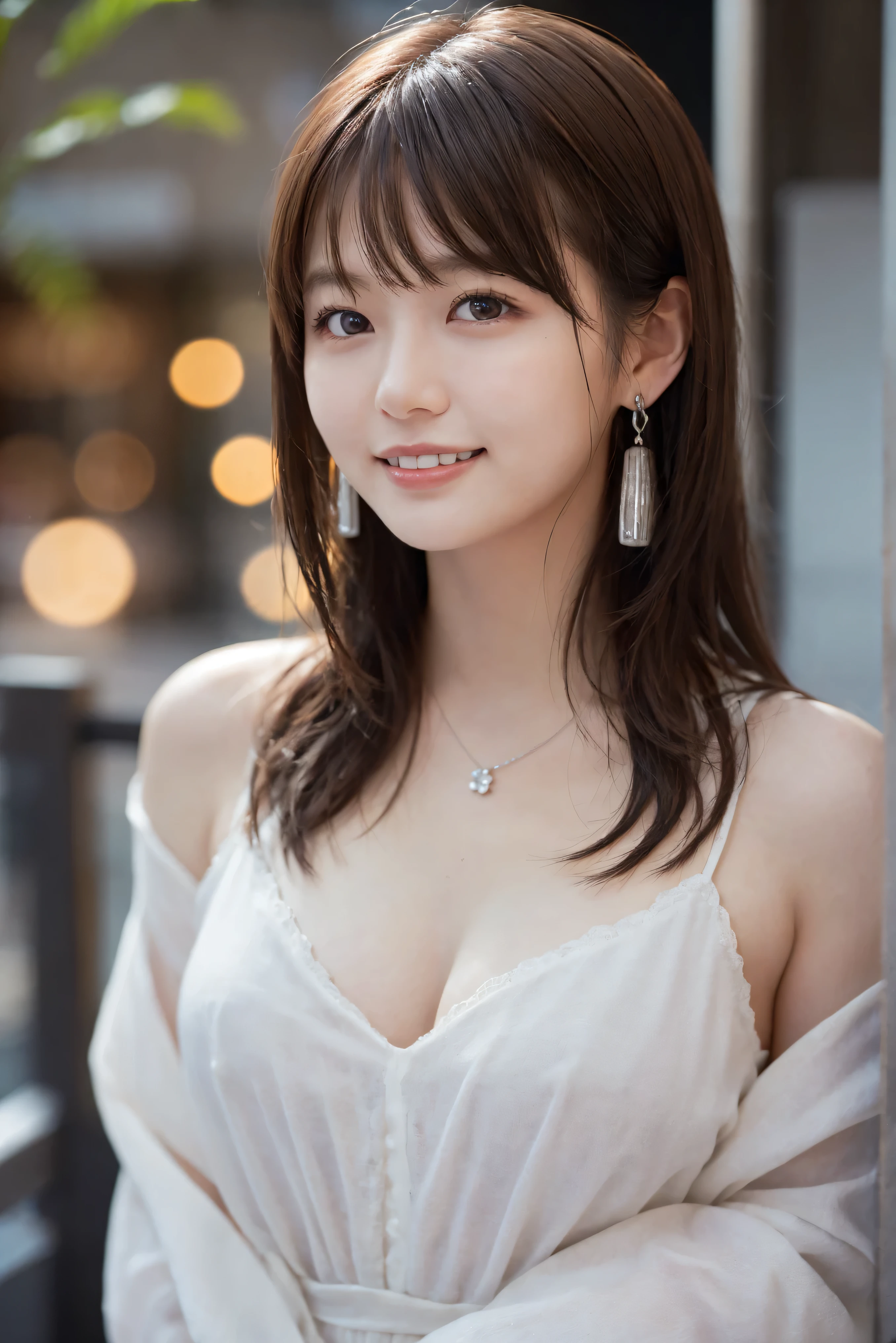 1 girl, Japanese office lady、Snapshots in Shibuya, Tokyo、(Small silver earrings、silver necklace:1.2), (RAW Photos, highest qualそれy), (Realistic, Realistic:1.4), Tabletop, Very delicate and beautiful, Very detailed, 2k wallpaper, wonderful, finely, Very detailed CG Unlimited 8K wallpaper, Very detailed, High resolution, Soft Light, Beautiful detailed girl, Very detailed目と顔, Beautiful and sophisticated nose, Finely beautiful eyes, Cinema Lighting, Perfect Anatomy, Slender body, Was nervous, 
Straight semi-long hair, bangs, Looking at the audience, smile.medium breasts.