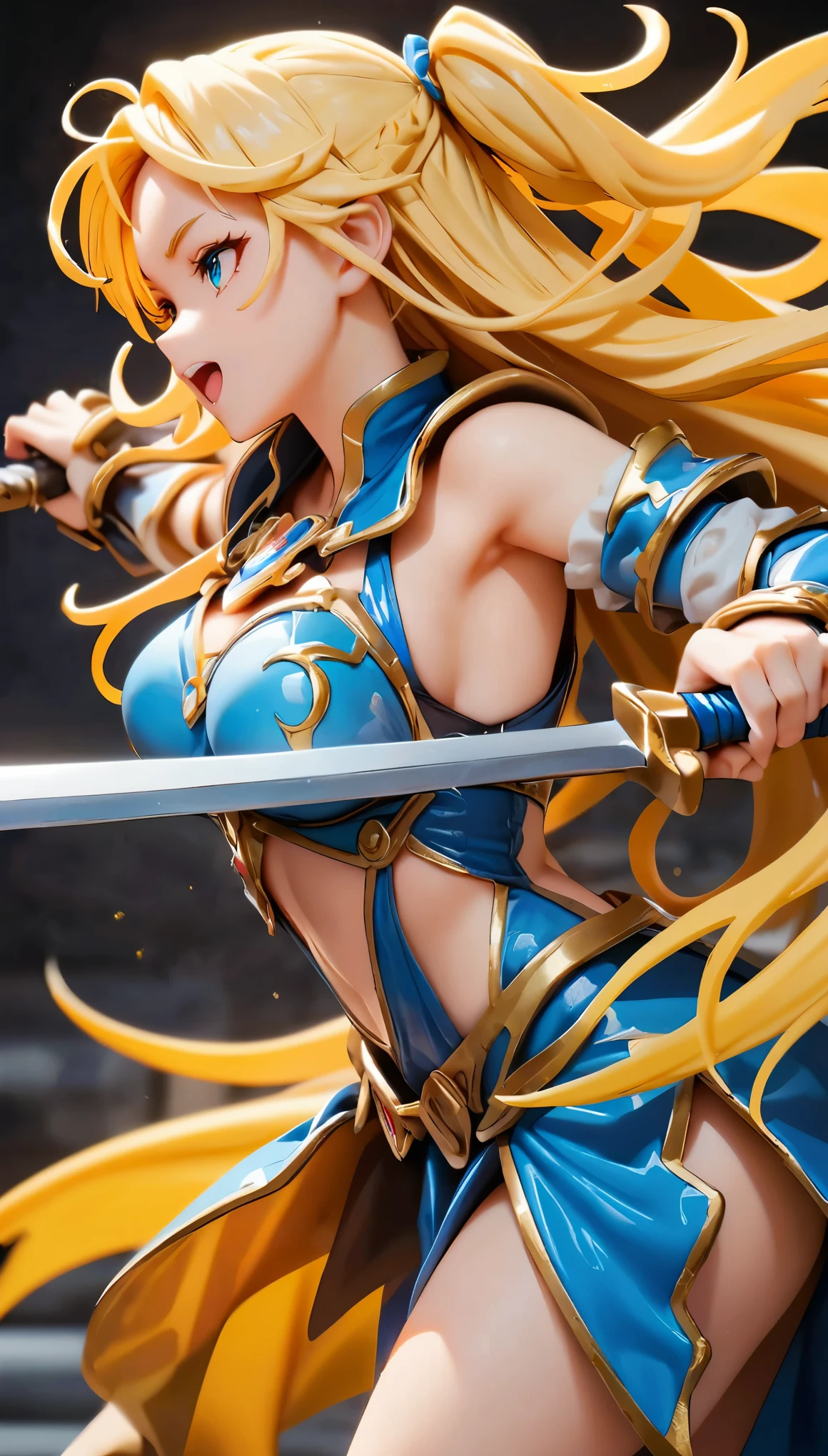 (high quality, 8k, 4K, High Contrast, masterpiece:1.2, 最high quality, Best aesthetics), Very detailed, PVC, Female Figures, woman wielding a large sword, Decorative armor, Flowing Hair, intense expression, intense battle scene, Bright colors, Powerful strokes, High Contrast, Heroic figures, Detailed armor and weapons, Dynamic pose, boost mood, Cute face, Beautiful Face, Long eyelashes, Very detailedな目, Very detailedな顔, glossy lips, Open your mouth, smile, Full body view, PCV figure shooting_Plain background.