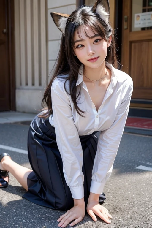 ((highest quality, 32k)), ((masterpiece)), (familiar), Perfect Face, Fox Woman, Beautiful woman, public, 尻tailがある, 彼女はふわふわの尻tailを持っています, She keeps a fox&#39;tail., 彼女は尻tailを振る, smile, bell collar, She is wearing a skirt, Beautiful Hips, Big Breasts, 大きな尻tail, 彼女のスカートの下から尻tailが突き出ている, Spin around on all fours