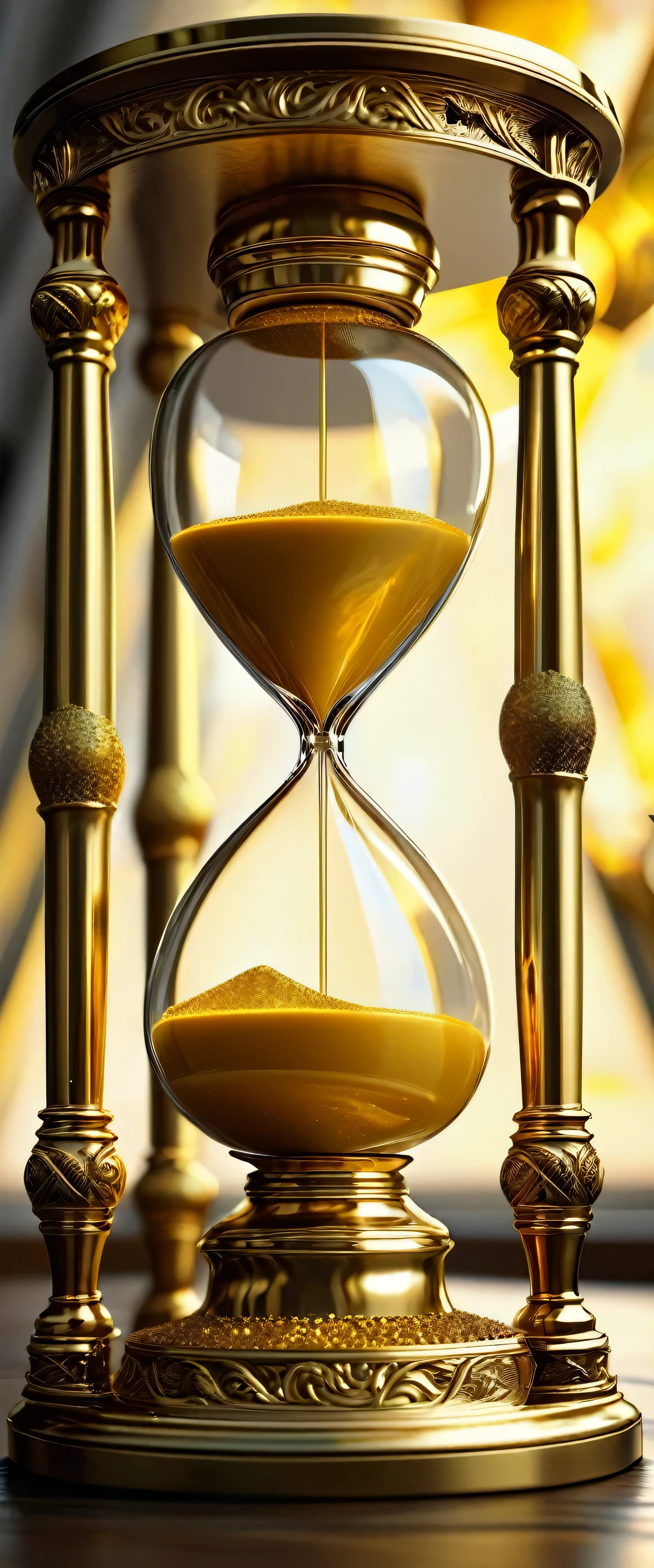 (golden hourglass,(best quality,8k,highres,masterpiece:1.2),ultra-detailed,(realistic,photorealistic,photo-realistic:1.37),fine details,precise textures,meticulous craftsmanship,golden shimmer,elaborate engravings,vivid colors,soft lighting)