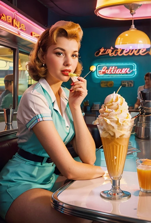 Arafed woman sitting at a table and eating a piece of ice cream, retro 5 0 s Stil, 50er Jahre Stil, 5 0 s Stil, 5 0 s Aesthetics, at a 5 0 s diner, Illustrationsstil der 1950er Jahre, by Art Frahm, in a classic 5 0 s diner, 50er-Jahre-Vibes, beautiful retro art