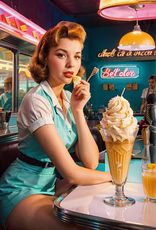 Arafed woman sitting at a table and eating a piece of ice cream, retro 5 0 s Stil, 50er Jahre Stil, 5 0 s Stil, 5 0 s Aesthetics, at a 5 0 s diner, Illustrationsstil der 1950er Jahre, by Art Frahm, in a classic 5 0 s diner, 50er-Jahre-Vibes, beautiful retro art