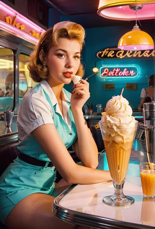 Arafed woman sitting at a table and eating a piece of ice cream, retro 5 0 s Stil, 50er Jahre Stil, 5 0 s Stil, 5 0 s Aesthetics, at a 5 0 s diner, Illustrationsstil der 1950er Jahre, by Art Frahm, in a classic 5 0 s diner, 50er-Jahre-Vibes, beautiful retro art