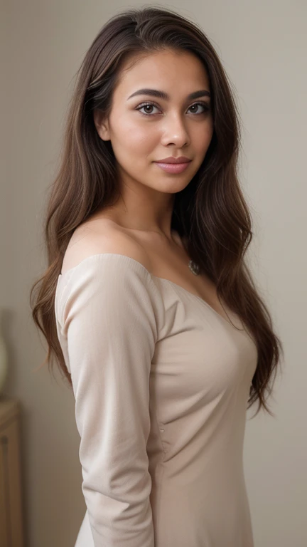 (best quality,4k,8k,highres,masterpiece:1.2), ultra-detailed, realistic, full portrait, rules of third, beautiful 21-year-old Malay girl, perfect oval face, perfect body, dark flowing hair, off to shoulder, happy expression, wearing white color long sleeve baju kurung/ with floral design, vibrant colors, soft lighting, grey wallpaper in studio background