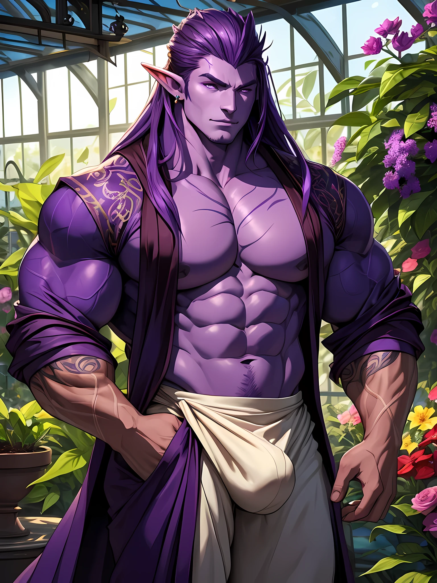 (((intricate design))) (((top quality))) (((16K))) (((high definition))) 16K splash art, dark shadows, (((photorealistic))) high-res, ultra sharp, ((masterpiece)), the best quality, expressive eyes, perfect face, (((sexy purple robes))) super eyes, perfectly detailed anatomy (((volumetric lighting))) (((cinematic lighting))) (((1Male))) (((bodybuilder))), (((hyper muscular))) (((hyper pecs))) (((realistic bulge))) (((broad shoulders))) (((purple male humanoid))), (((he has purple skin))) humanoid flower, flower tattoos, flower garden, (((in a greenhouse))), Asian, monlid eyes, thighs (((Purple Skin!))), (((purple long hair!))) (((purple skin tone!))) (((purple skin complexion))) fruity, zesty personality, deity, elf ears, god of flowers, flower headdress, earrings, green glowing eyes, bloom, handsome humanoid male, spreading his pheromones, flower clothing, plants, pot plants, blooming, oily skin, shiny skin, veins,