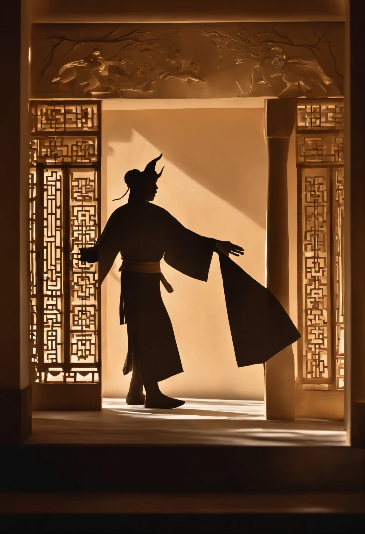 shadow play,Man in the door,Ancient door frame,Han dynasty,Colorful light and shadow,Starry Sky,Men in ancient costume,Tang Dynasty,Silhouette outline,Hollow 3D Paper Sculpture,