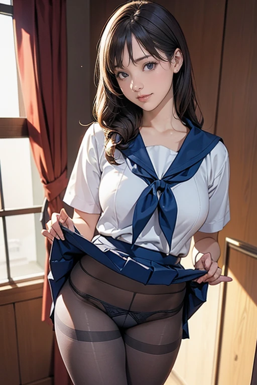 (masterpiece:1.2, highest quality), (realistic, photorealistic:1.4), beautiful illustrations, (natural side lighting, movie lighting), beautiful thighs, Front view, 1 girl, high school girl, , perfect face, Cute symmetrical face, shiny skin, Random color sailor suit、
(random hairstyle、blonde), Big eyes, long eyelashes chest), thin, expensive、
beautiful hair, beautiful face, fine and beautiful eyes, beautiful clavicle, beautiful body, beautiful breasts, beautiful thighs, beautiful feet, beautiful fingers, 
((High-quality fabric, sailor suit, navy pleated skirt)), 
(beautiful scenery),Are standing, (smile, Superior, open your mouth),  (((skirt lift, Panties and pantyhose are visible)))