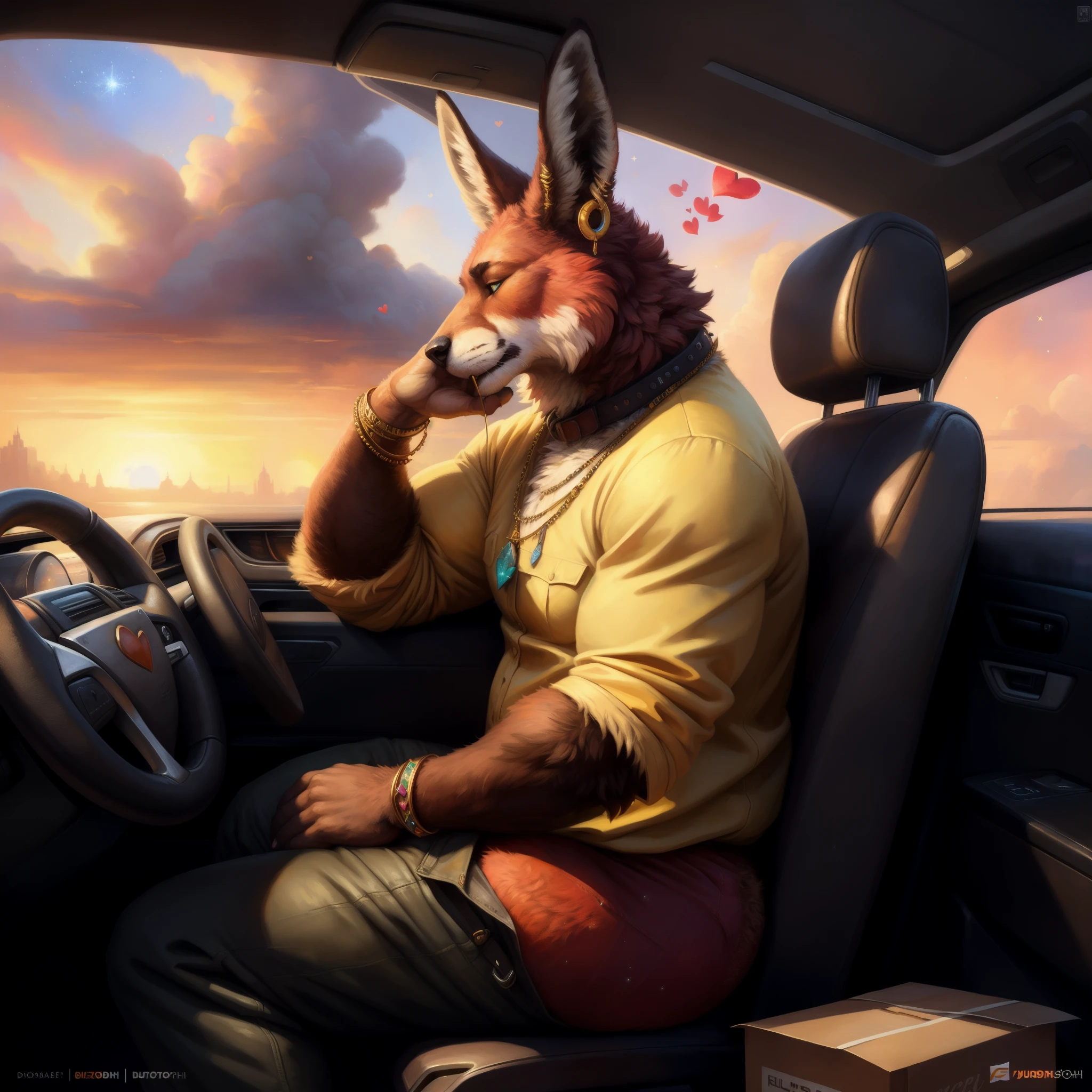 (male:1.5), (((yellow topwear))), uniform, (humble smile), looking at viewer, (absurd res), ((ultra high resolution)), (((masterpiece quality))), ((side view)), ((breathtaking painstakingly detailed background)), ((impressive lighting)), ((sunset clouds)), ((floating hearts)), ((sparkles)), confetti, sunlight, ⫷|⫸ foxovh, sligarthetiger, cumbread, gammainks, seibear, lollipopcon, dizzyknight, greasymojo, xpray, roly, honovy, taran fiddler, kenket, riendonut, Bayard Wu, Thomas Benjamin Kennington, Duase, ⫷|⫸, jewelry, necklace, bracelet, earring, body accessory, ear accessory, arm accessory, neck accessory, (feet accessory), ⫷|⫸ (fuzzy furry body:1.6), (tall body), ((fur pattern)), ((exotic mammal)), (short tail), slightly chubby anthro, (stunningly beautiful legs), (detailed face), (mature anthro:1.6), ((long ears)), 🟥🦊, kangaroo, doe, fox, ((solo)), (yellow collar working shirt), (yellow & red shirt) big butt, beautiful eyes, dutch angle, ⫷|⫸ sitting, (passenger seat), (inside car), (((doordash promotional art))), looks like a doe, (((pants down))), ((buttcrack)), stubby tail, crimson fur, ((waiting)), anus