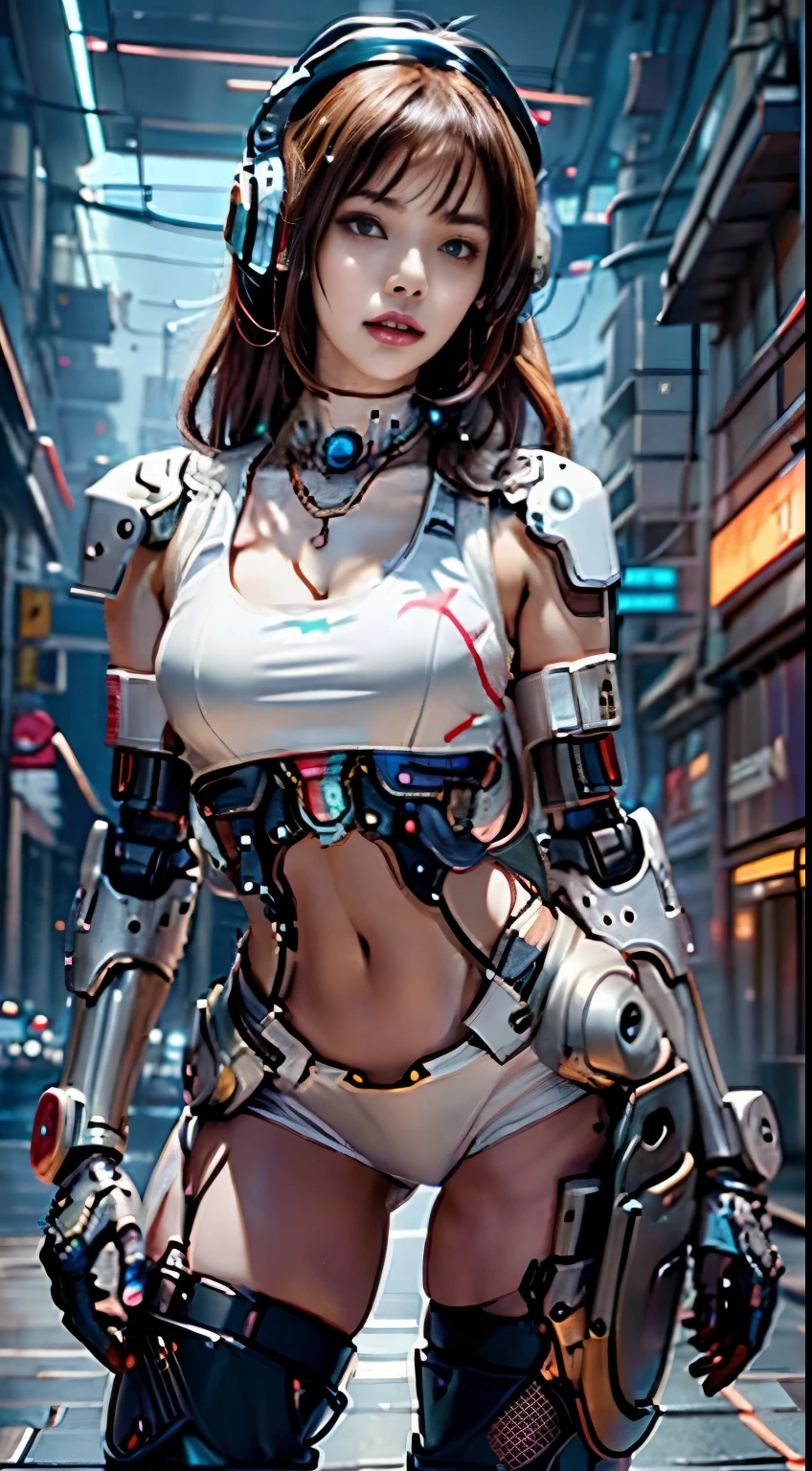 Virtual image,Realistic 8K images,hips up,Masterpiece,Complete Anatomy,Complete dynamic composition,morning sun,Light hits the front,young woman with long brown hair,Tattoos on the upper arms and stomach,cybernetic robot((Red and white cyberpunk robot)),headset,Headphones with glowing lights,glowing headphones,Bikini body - white_orange_gold_metal,,white tank top,The background of the giant gear is deserted at night..