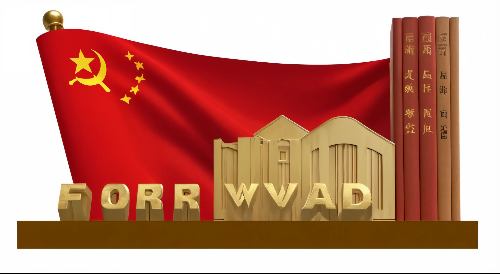 Red flag of the Communist of China with the words "Forward march" written in gold, with three books and a golden hammer and sickle standing on it, in the background an ancient building with bamboo scrolls, rendered in cinema4d, miwa komatsu, graphic advertisement, high contrast shading