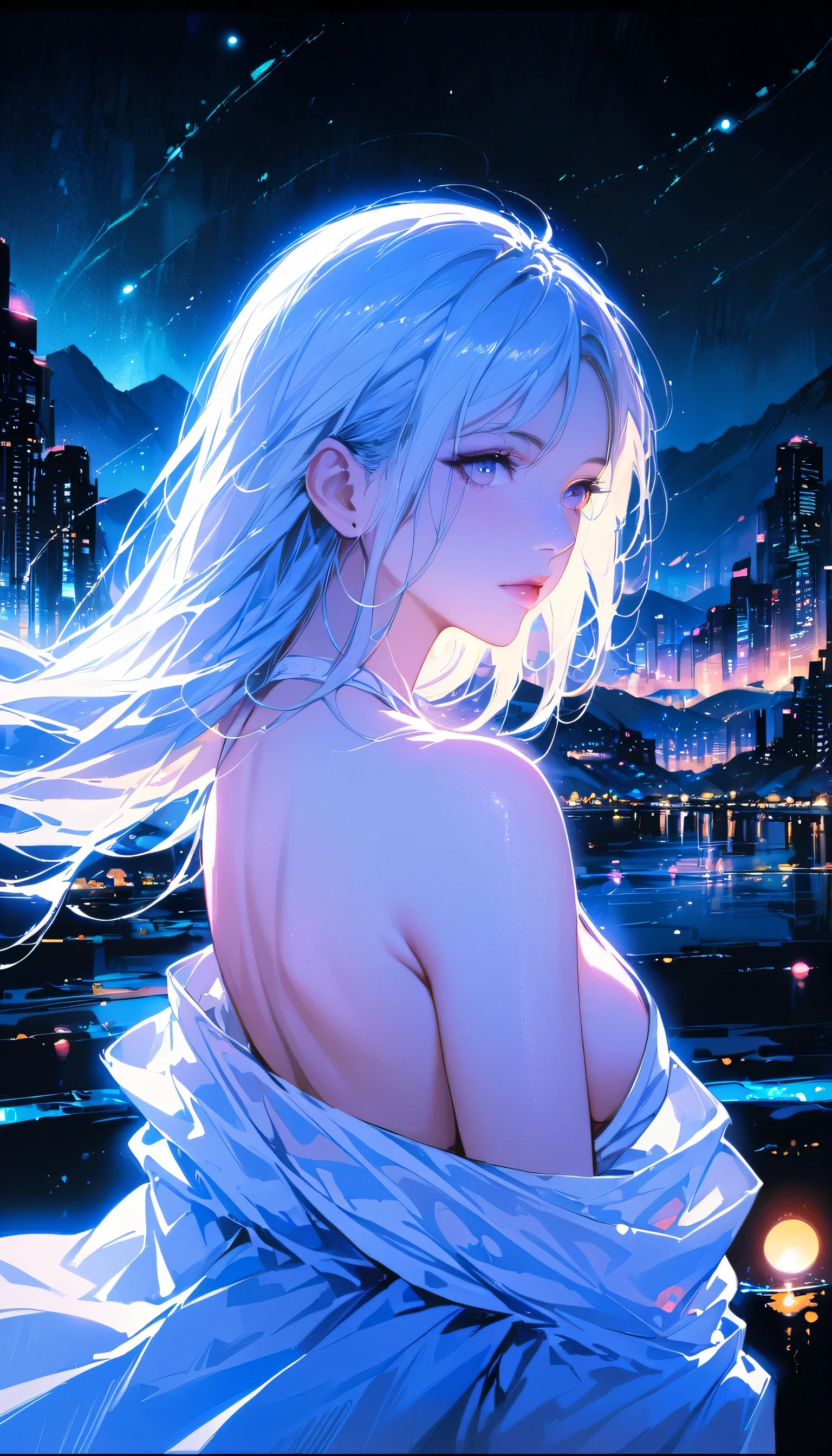 highest quality, masterpiece, High resolution,, One girl, Detailed face, (Upper Body:1.6), Cyber City, Mountains and Rivers, night, Firefly Light, Realistic, Lots of details, (White Hanfu:1.2), (Beautiful body:1.4),