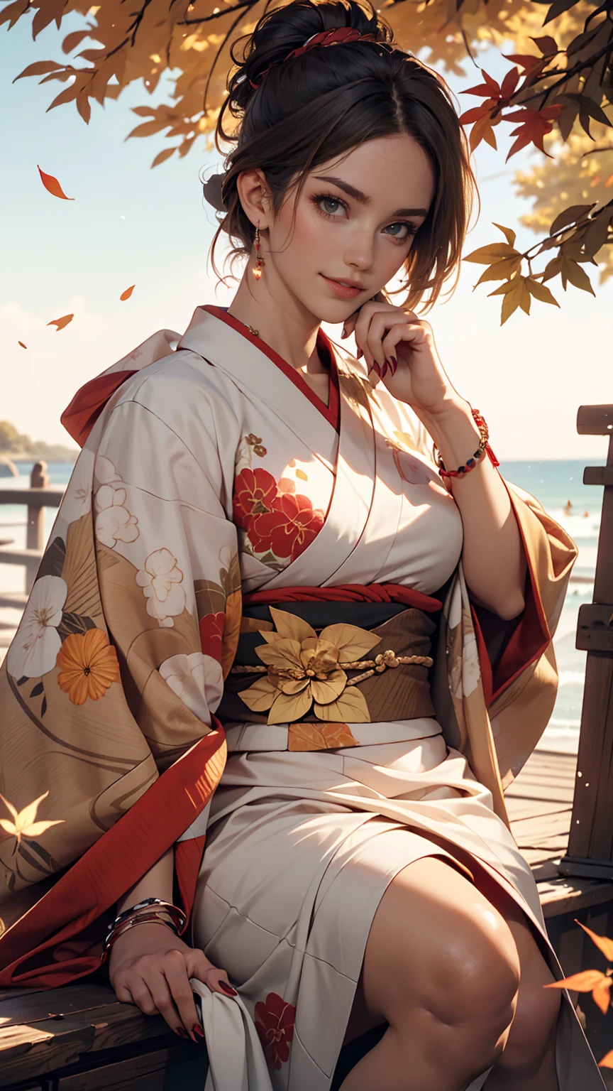 ((最high quality, 8K, masterpiece: 1.3, Ultra HD, high quality, 最high quality, High resolution, realism)) 、A 22-year-old extremely beautiful white woman、Hair color blonde、blue eyeedium Hair、Straight Hair、smile、Slender but well-proportioned body、Background blur((depth of field))、Aerial perspective((atmospheric perspective))、I want my head to stay off screen、Put an anklet on your ankle、Wearing red nail polish、I have a peticure、Make a chignon、kimono、autumn leaves