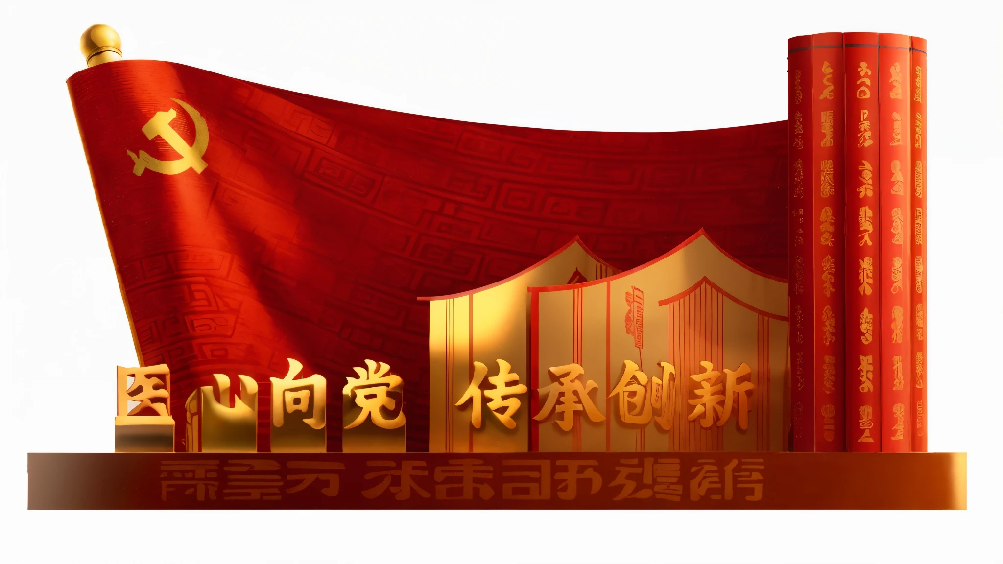 The red flag of the Chinese Communist has golden "The journey ahead",On it stand three books and a golden hammer and sickle,The background is an ancient building,Bamboo Roll,Rendered in Cinema4D,miwa komatsu,Graphics,high contrast shadows