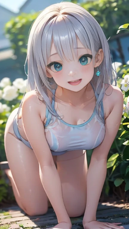 Facing forward、Cowboy Shot、The arrival of spring、pantyhose、Thick thighs、Thick thighs、Thick thighs、 (alone:1.5,)Very detailed,Bright colors, Very beautiful detailed anime faces and eyes, ,Showing her ass, Shiny_skin,girl, ((Silver Long Hair,インナーカラーはred 、Forehead is exposed.、Green Eyes、、Shiny hair, Delicate beautiful face, red面、(Turquoise Eyes), White skin, Valletta, Earrings,、blue flower field、(((Tight in size、red、See-through one-piece swimsuit、White mini skirt)))、Twin tails、smile、Happy Face、顔をredく染めた顔、On all fours