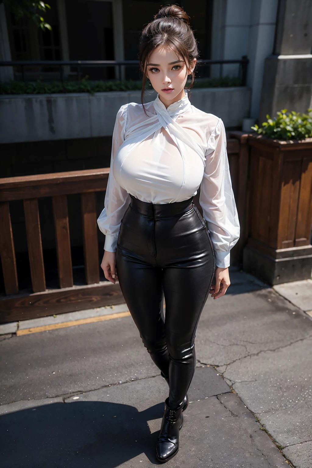 (((full image:1.5, full body, standing:1.8, facing viewer, the front body facing directly to the front of camera, show body from head to toe))), round huge breast, huge breast:1.5, tall body, fit body, abdominal muscles:1.7, pale skin, short hair with updo, ((standing)), a woman wearing blouse, wearing tight pants, leather shoes. High quality:1.3, Professional lighting:2.0 realistic:1.2, 4k resolution, detailed skin, finely detail, masterpiece:1.1, centered image