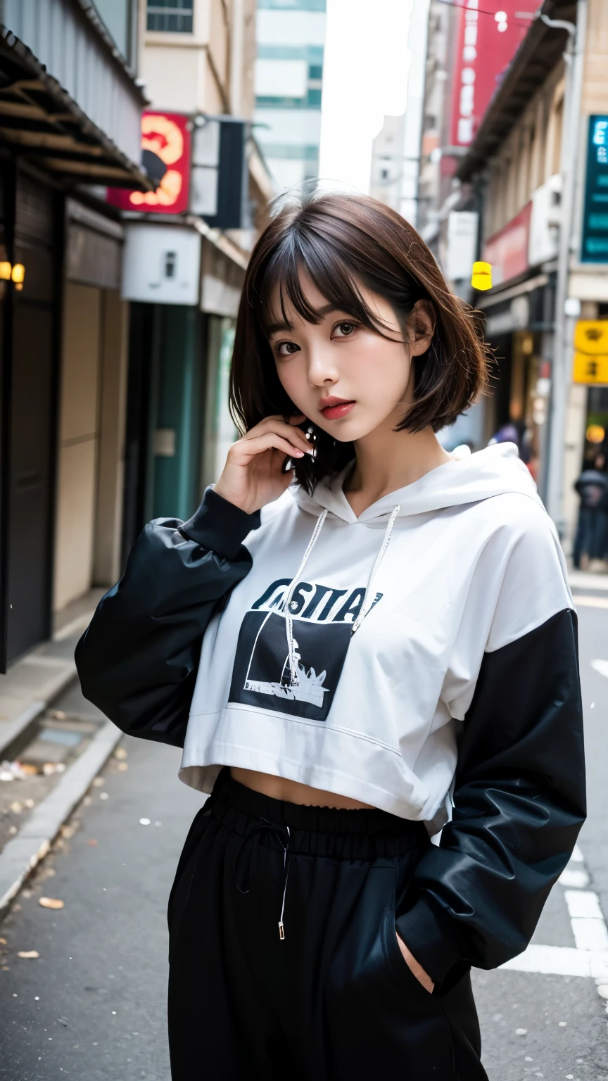 street dancer,(((Perfect Fingers))),18-year-old,Korean women,Downtown trash dump,(((Facing forward))),(((Frowning,カメラをGlaring))),(Very fine eye), (((Wearing a black hoodie,Wearing baggy pants))),((photograph)),((Woman in downtown)),(((Fabric Shading))), (((highest quality))), (((masterpiece))) strong girl, ((((Realistic)))), I have a card,Black Hair, chic hairstyle, ((With bangs,Straight medium bob cut, nice hair)), Light makeup,Red eyes, (((I&#39;m not wearing lipstick))), (nice, strong), Strong night atmosphere,  Centered Images, Focus on the camera, Elegant colors,Realistic Skin,Realistic texture,８k,whole body,Pale skin, (((Dirty garbage dump))),A huge amount of trash,Red iris,Expressionless,Glaring,Perfect Face,(((Big eyes))),She is wearing wide black pants,Mouth closed, portrait of aespaのウィンター,She is wearing black streetwear, Woman in black streetwear, 黒いハイテクな服を着た女性のphotograph, Girl wearing black hoodie, Cyberpunk Streetwear, Cyberpunk Streetwear street fashion e-girl,